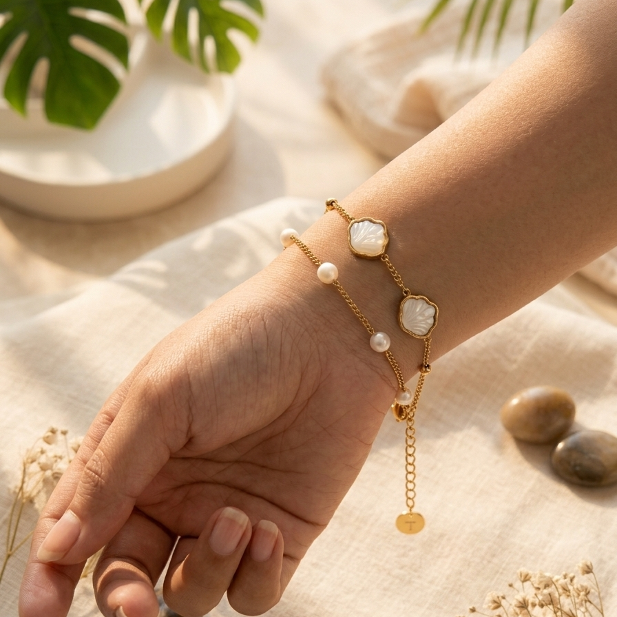 Gold Pearl & Shell Charm Layered Bracelet