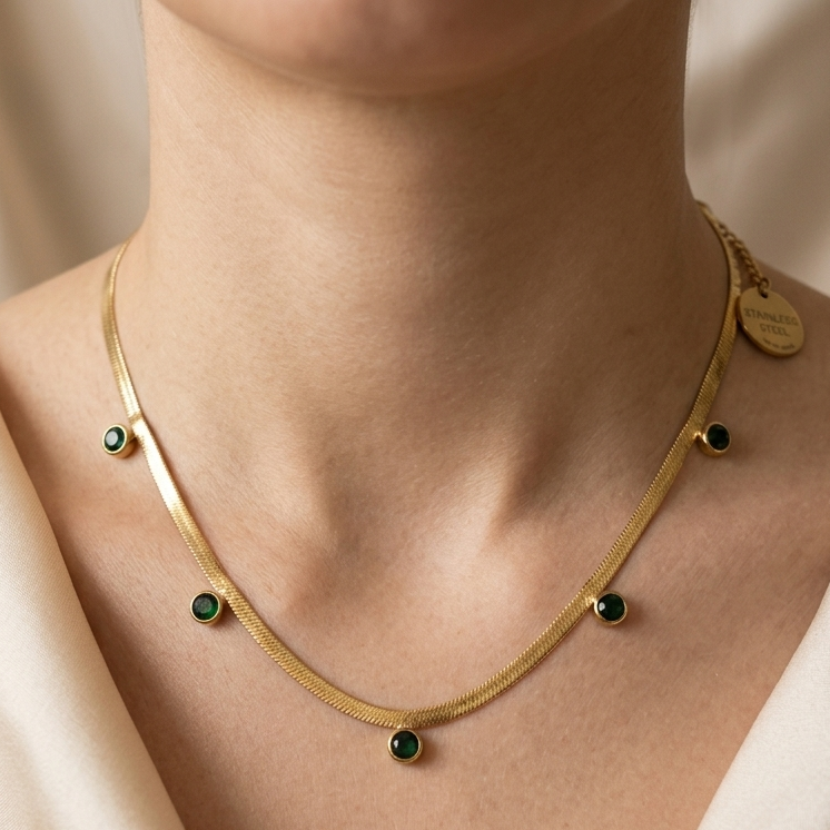 Emerald Herringbone Gold Necklace