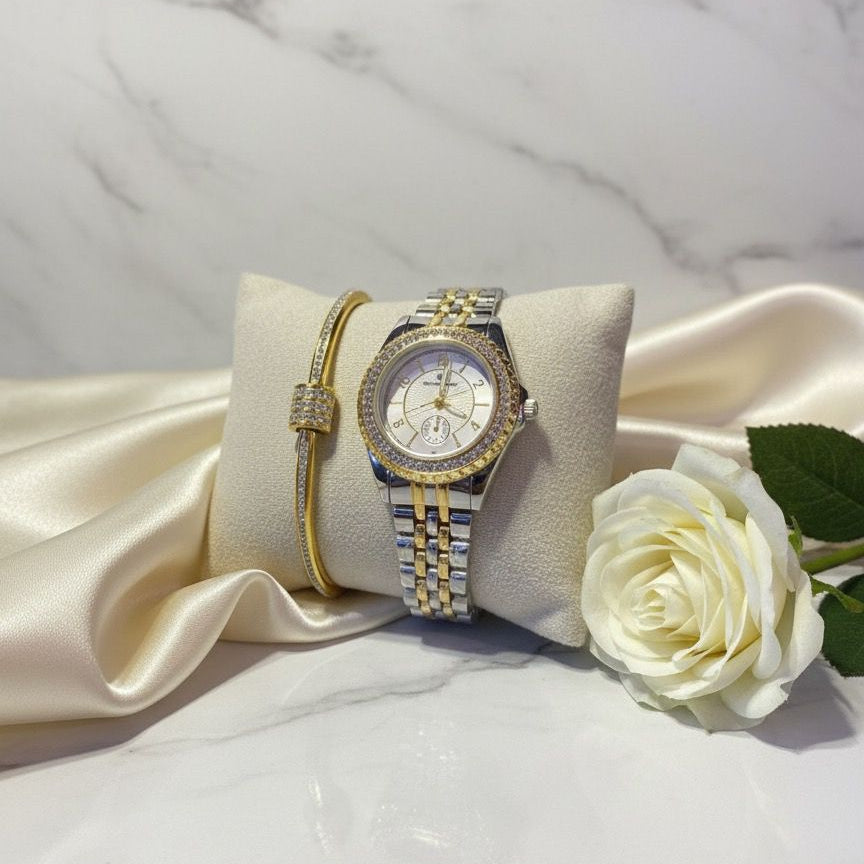 Michelous Pave Drum Cuff Watch Set