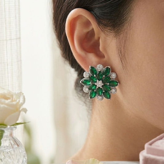 Emerald Green Marquise Floral Stud Earrings