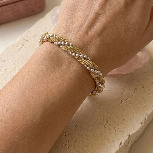 Twisted Gold Mesh & Silver Bead Bracelet