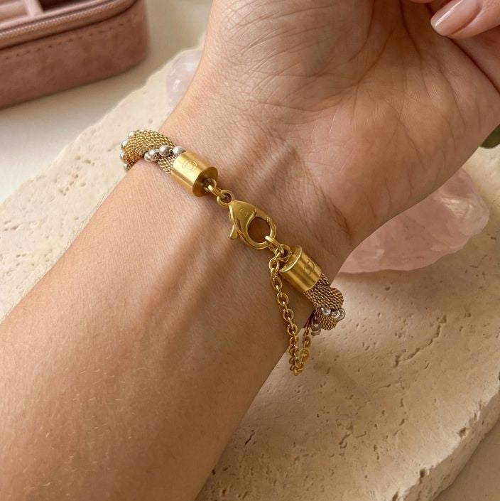 Twisted Gold Mesh & Silver Bead Bracelet