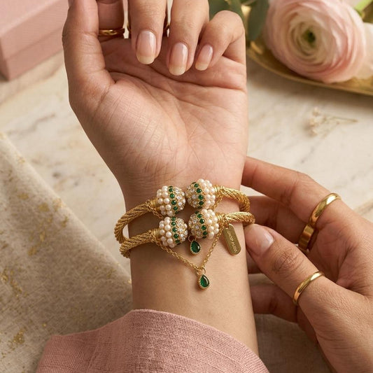 Emerald & Pearl Twisted Gold Bangle