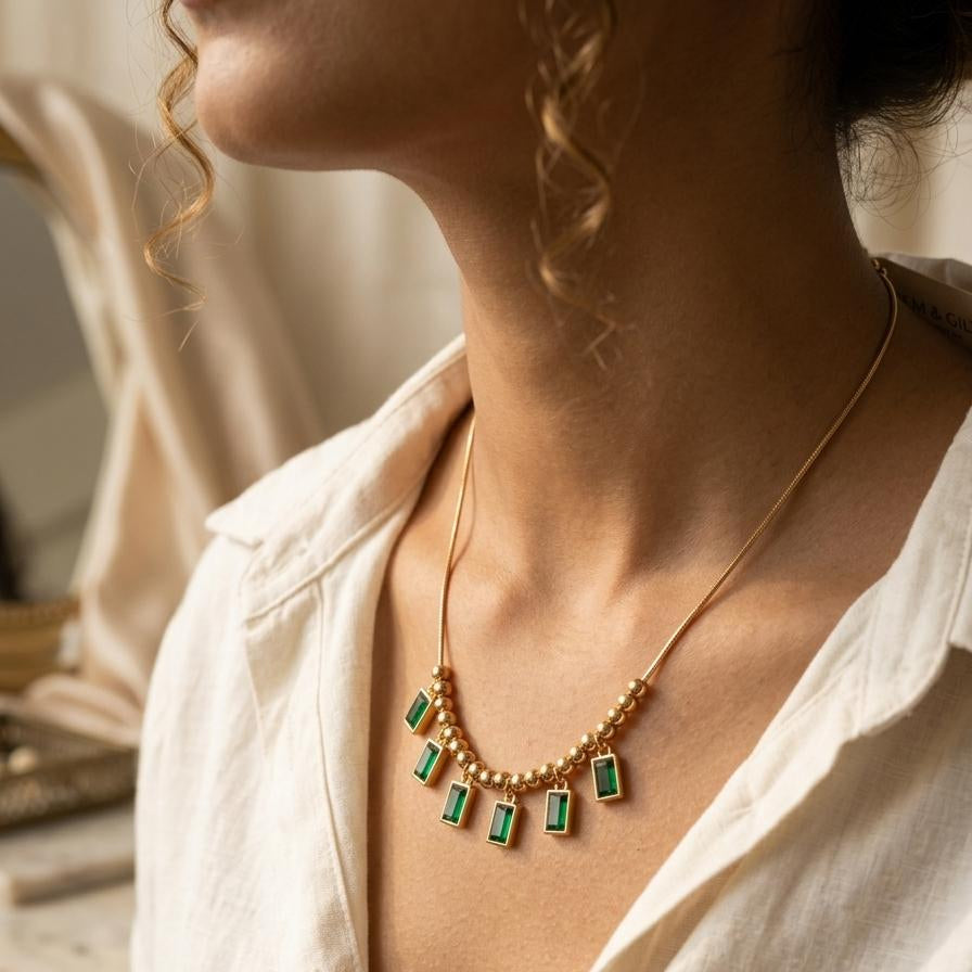 Emerald Baguette Tassel Necklace