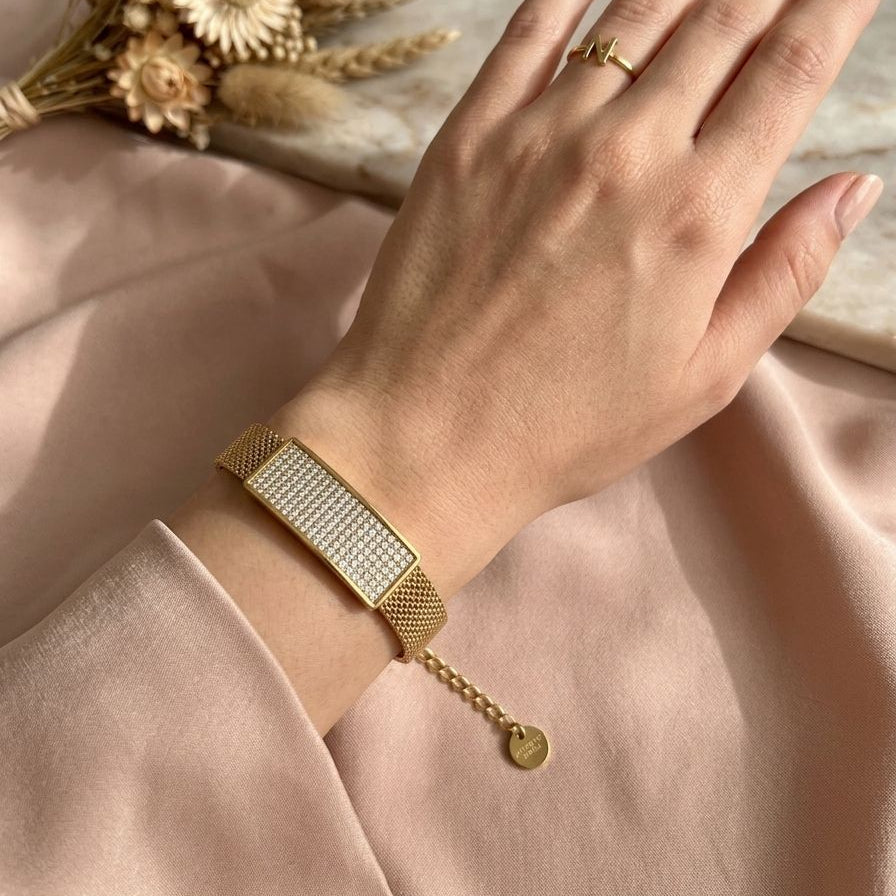 Zircon Pave Gold Mesh Bracelet