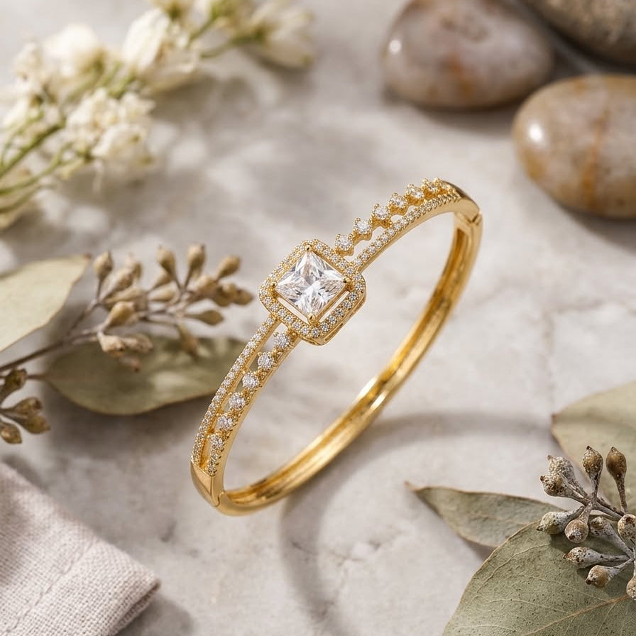 Square Halo Crystal Gold Bangle