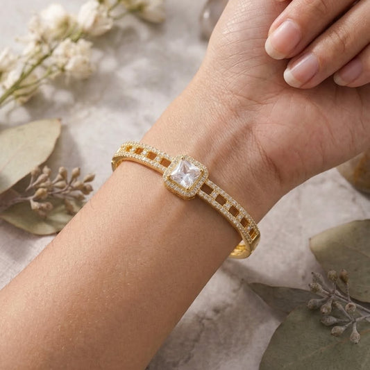 Square Halo Crystal Gold Bangle