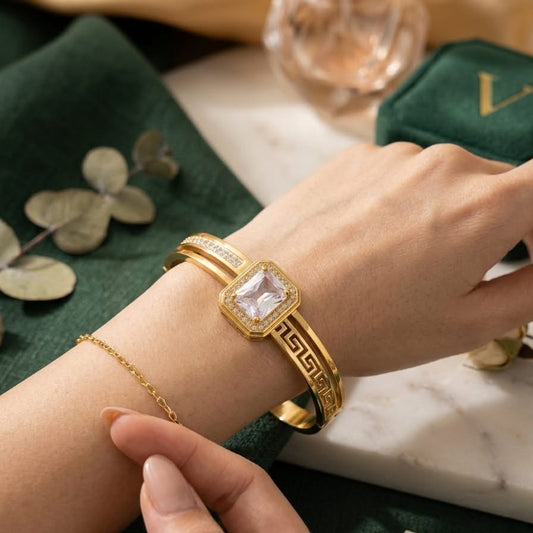 The Aurora Emerald-Cut Greek Key Bangle