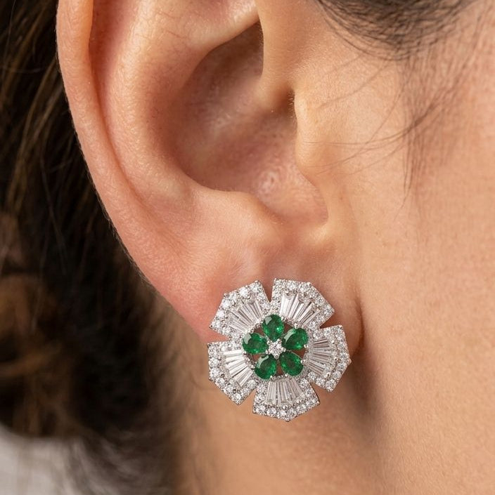 Green and White Crystal Floral Earring