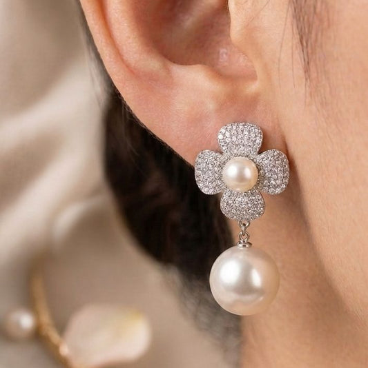 Crystal Flower Pearl Dangle Earrings