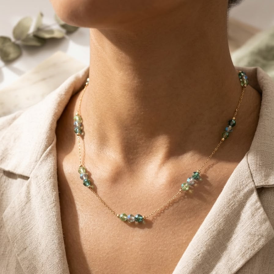 Green Crystal Beaded Gold Chain Necklace