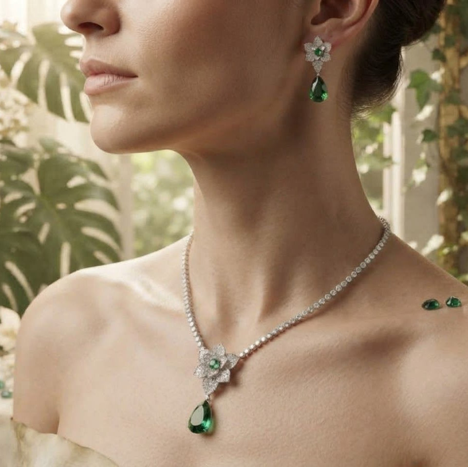 Emerald Blossom Zircon Jewelry Set
