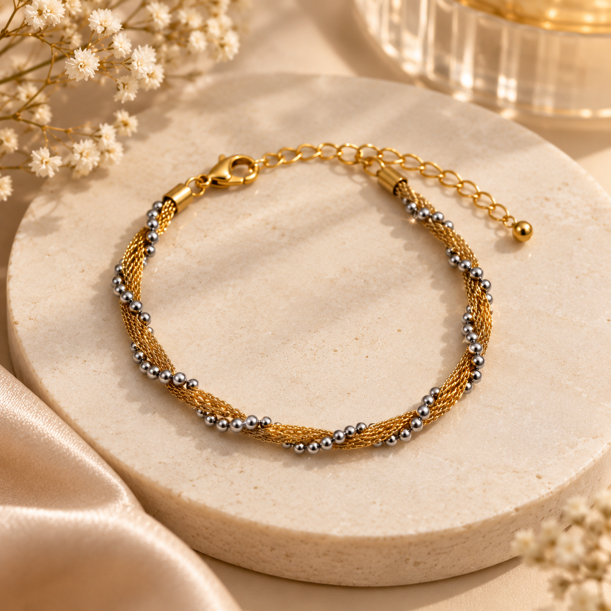 Two-Tone Braided Chain Bracelet with Metallic Silver Beads