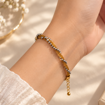 Two-Tone Braided Chain Bracelet with Metallic Silver Beads
