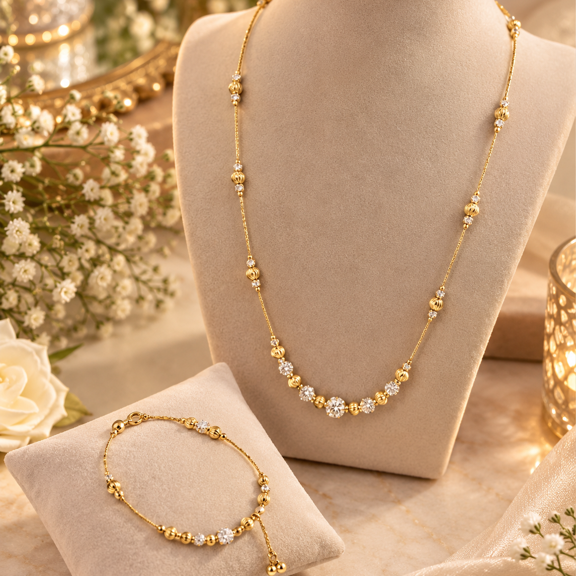 Gold Plated Zircon Crystal Bead Necklace & Bracelet Jewelry Set