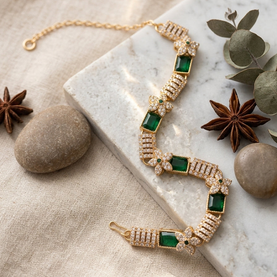Emerald Floral Zircon Gold Bracelet
