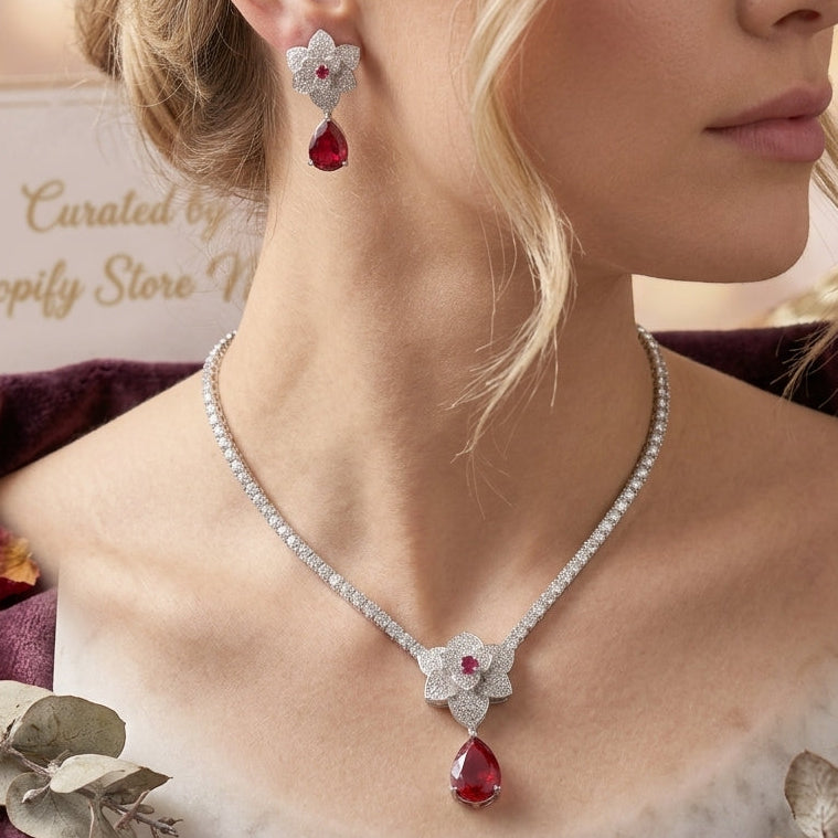 Ruby & Diamond Floral Zircon Necklace Set