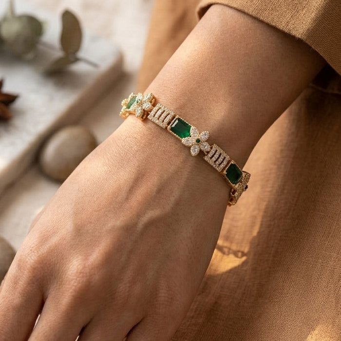 Emerald Floral Zircon Gold Bracelet
