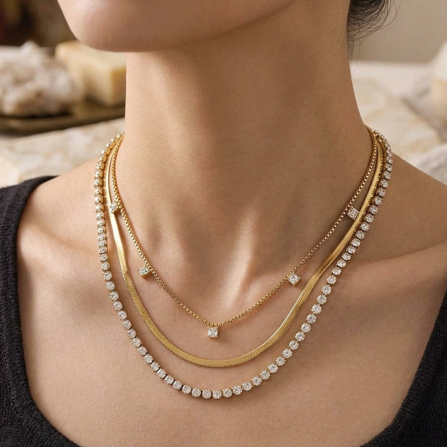 Gold Layered Crystal & Herringbone Necklace Set