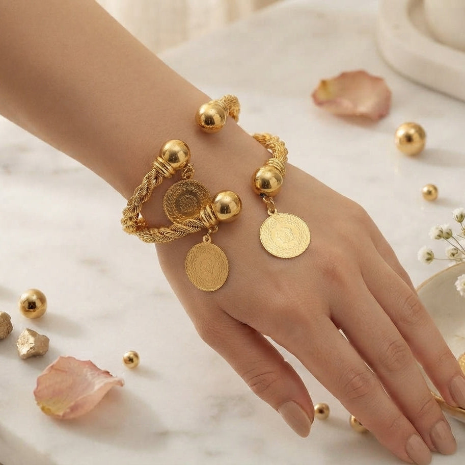 Golden Braided Coin Charm Bracelet Stack
