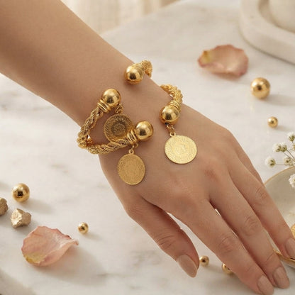Golden Braided Coin Charm Bracelet Stack