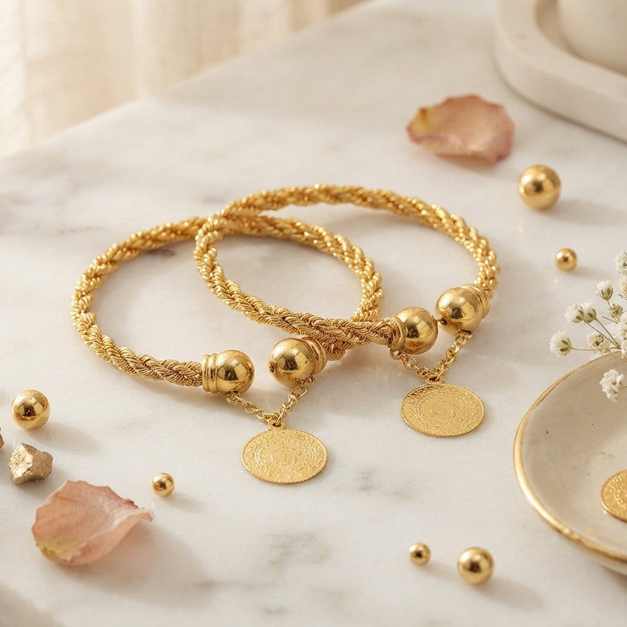 Golden Braided Coin Charm Bracelet Stack
