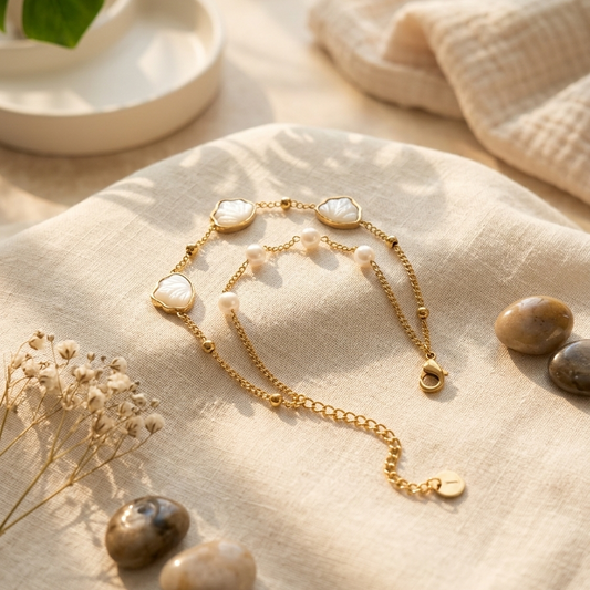 Gold Pearl & Shell Charm Layered Bracelet