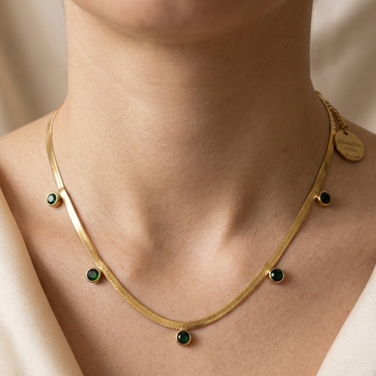 Emerald Herringbone Gold Necklace