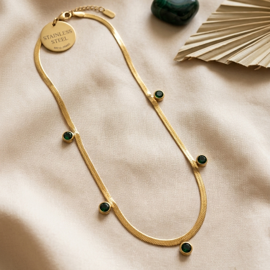 Emerald Herringbone Gold Necklace