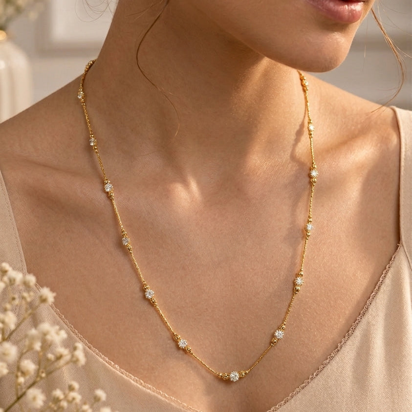 Gold Plated Delicate Zircon Station Chain Necklace