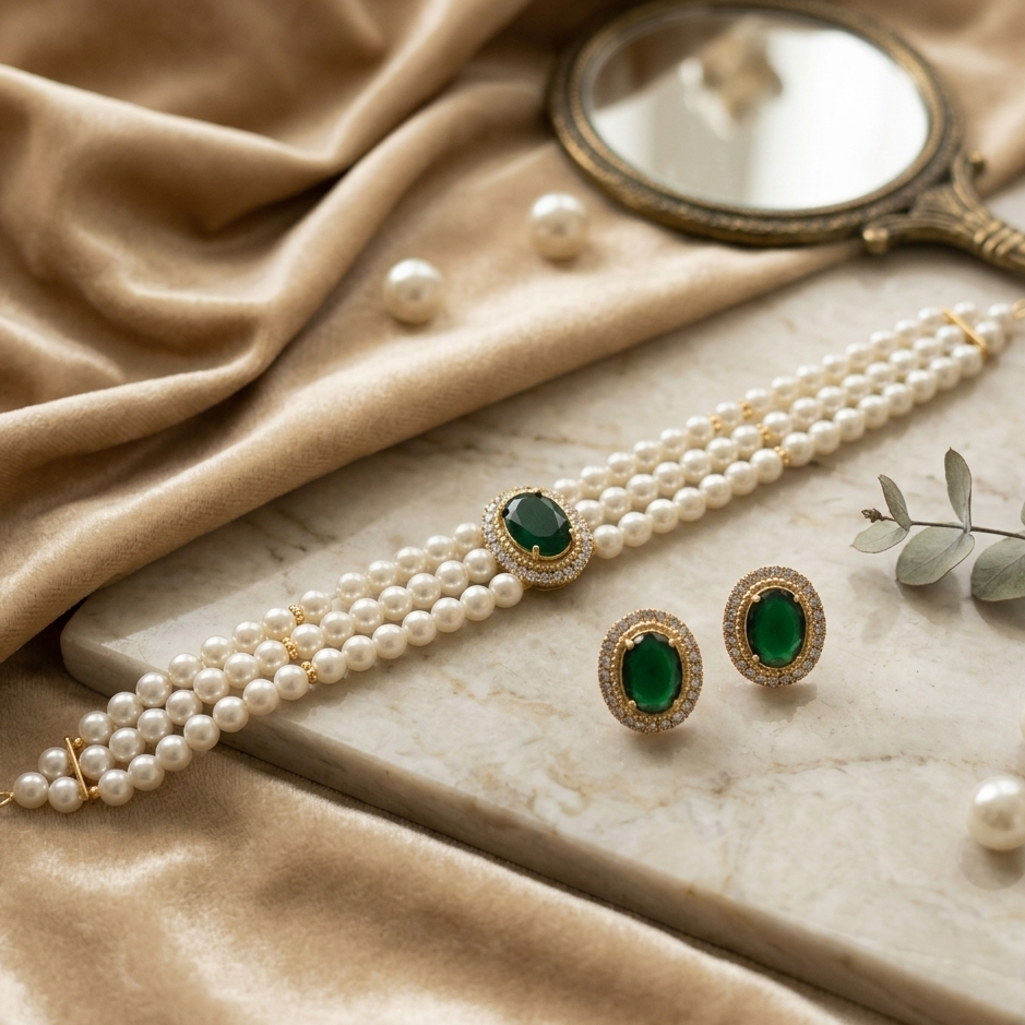 Emerald & Pearl Regal Choker Set