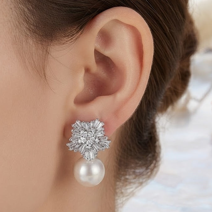 Radiant Zircon Starburst & Pearl Drop Earrings