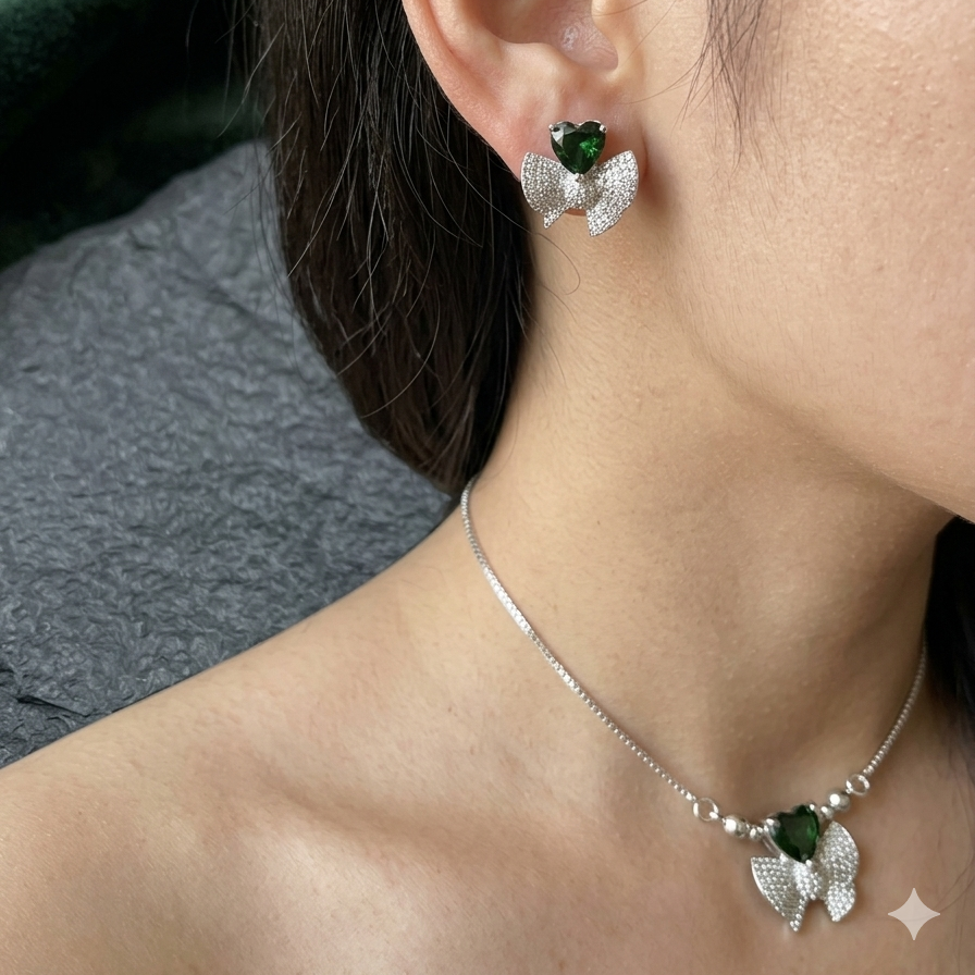 Emerald Heart Bow Jewelry Set