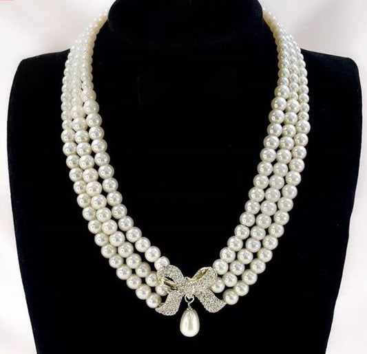 Crystal Grace Pearl Bow Necklace