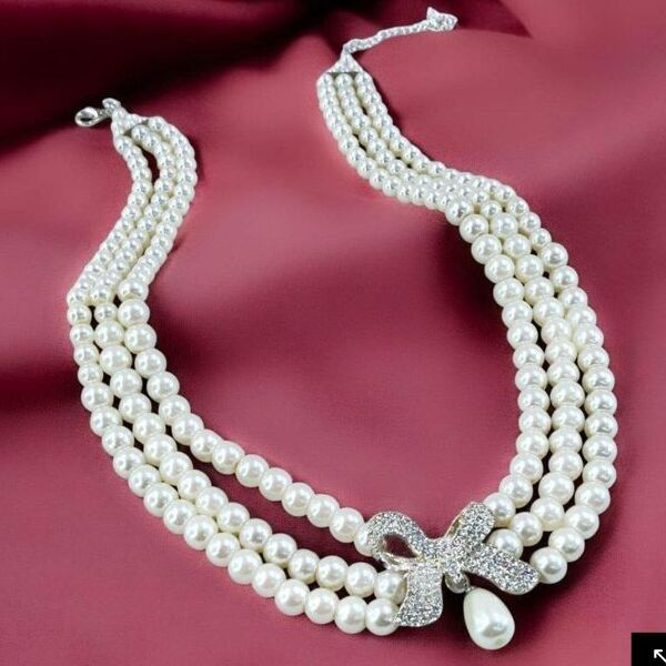 Crystal Grace Pearl Bow Necklace