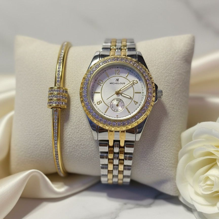 Michelous Pave Drum Cuff Watch Set