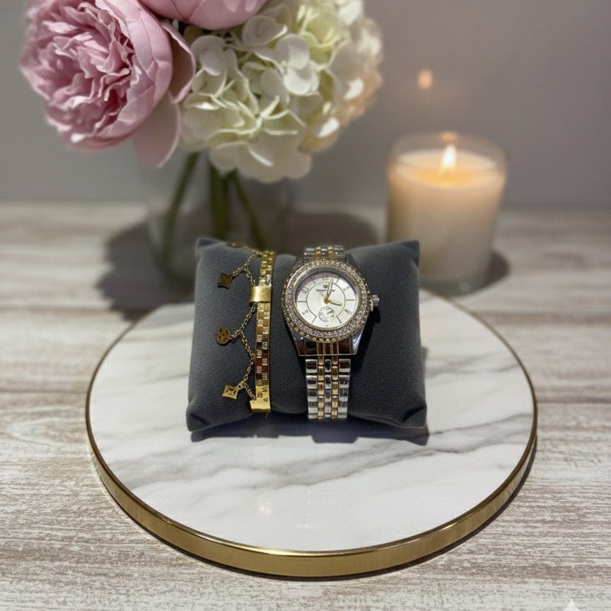 Crystal Bezel Watch & Dainty Charm Bracelet