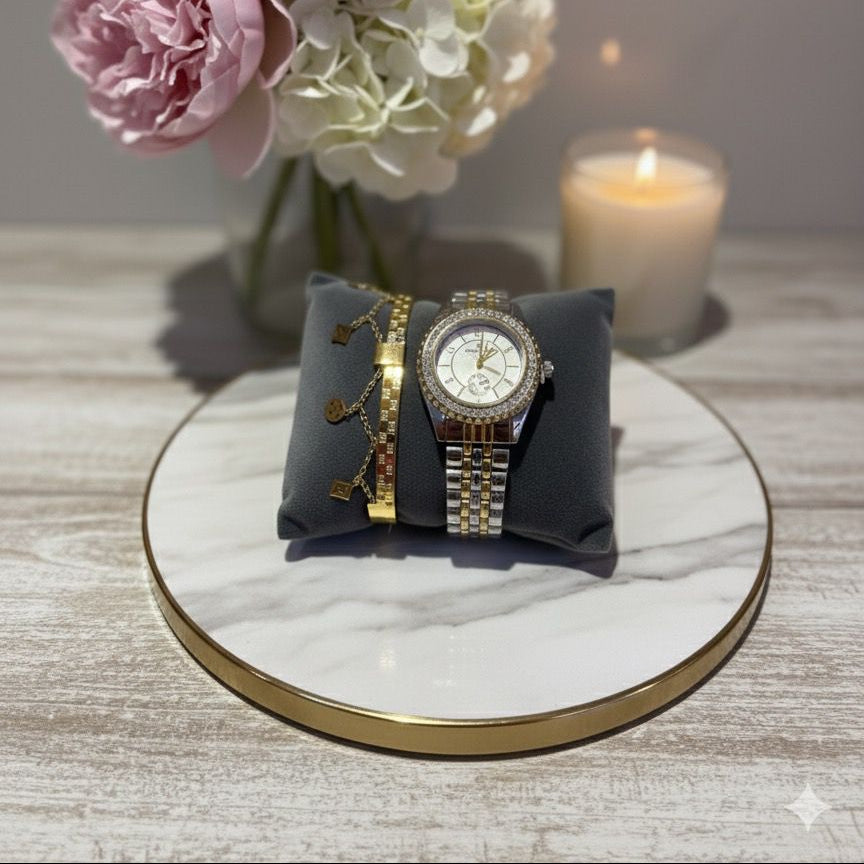 Crystal Bezel Watch & Dainty Charm Bracelet