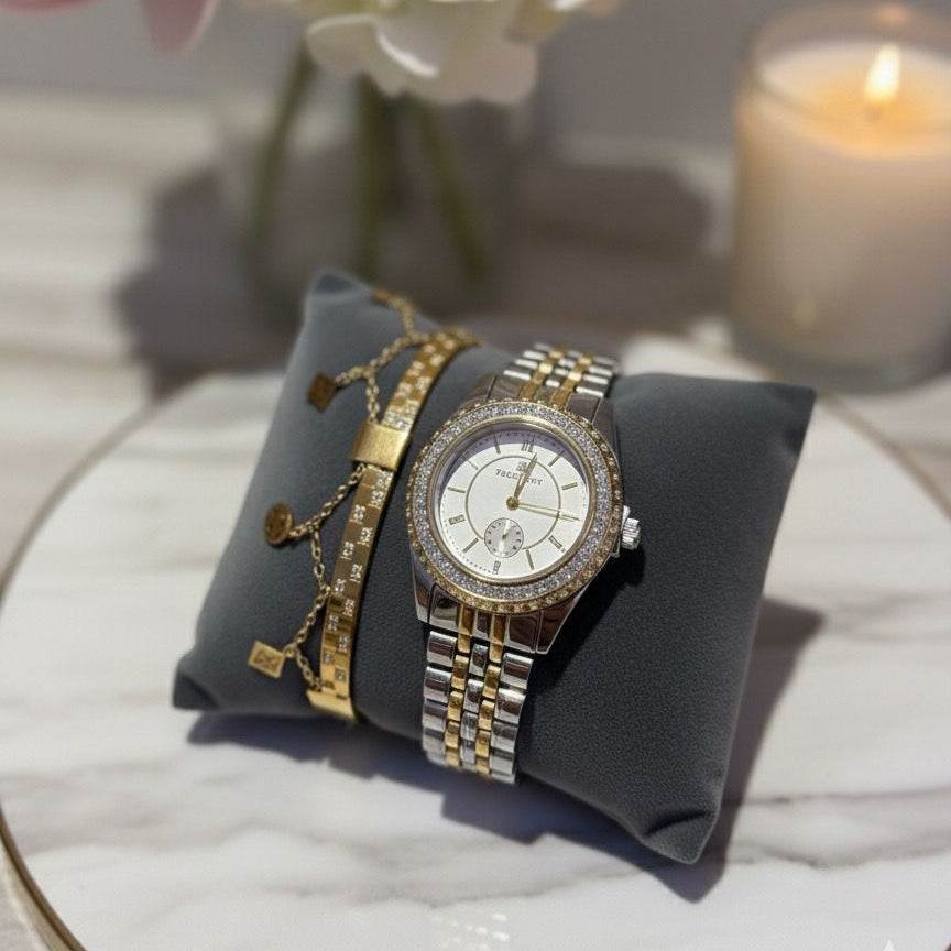 Crystal Bezel Watch & Dainty Charm Bracelet