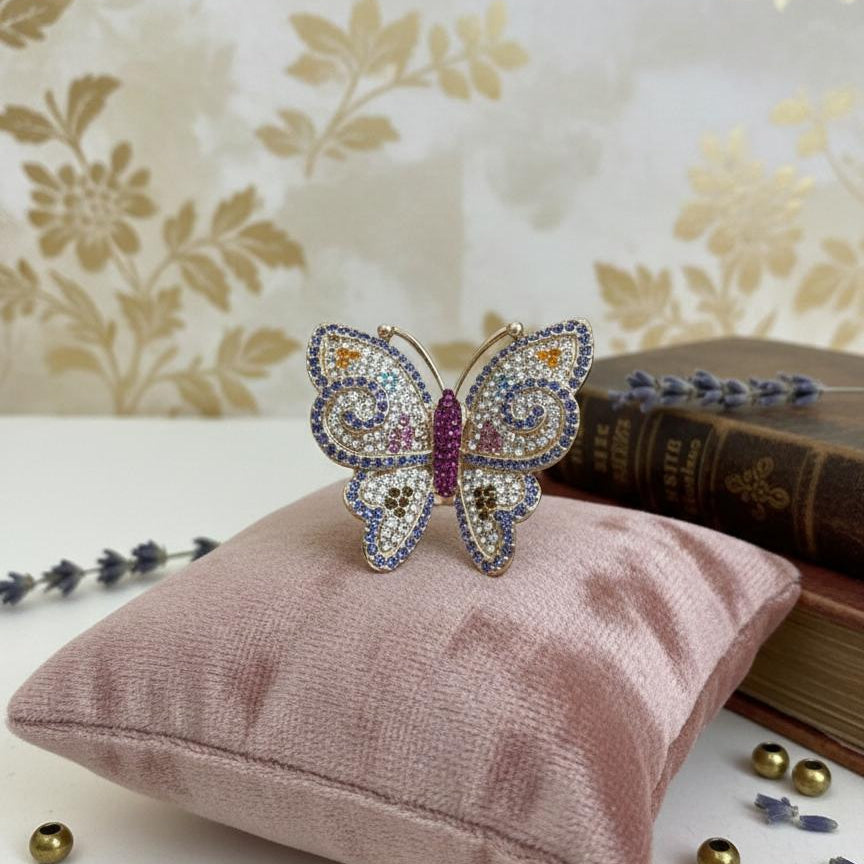 Vibrant Crystal Butterfly Cocktail Ring