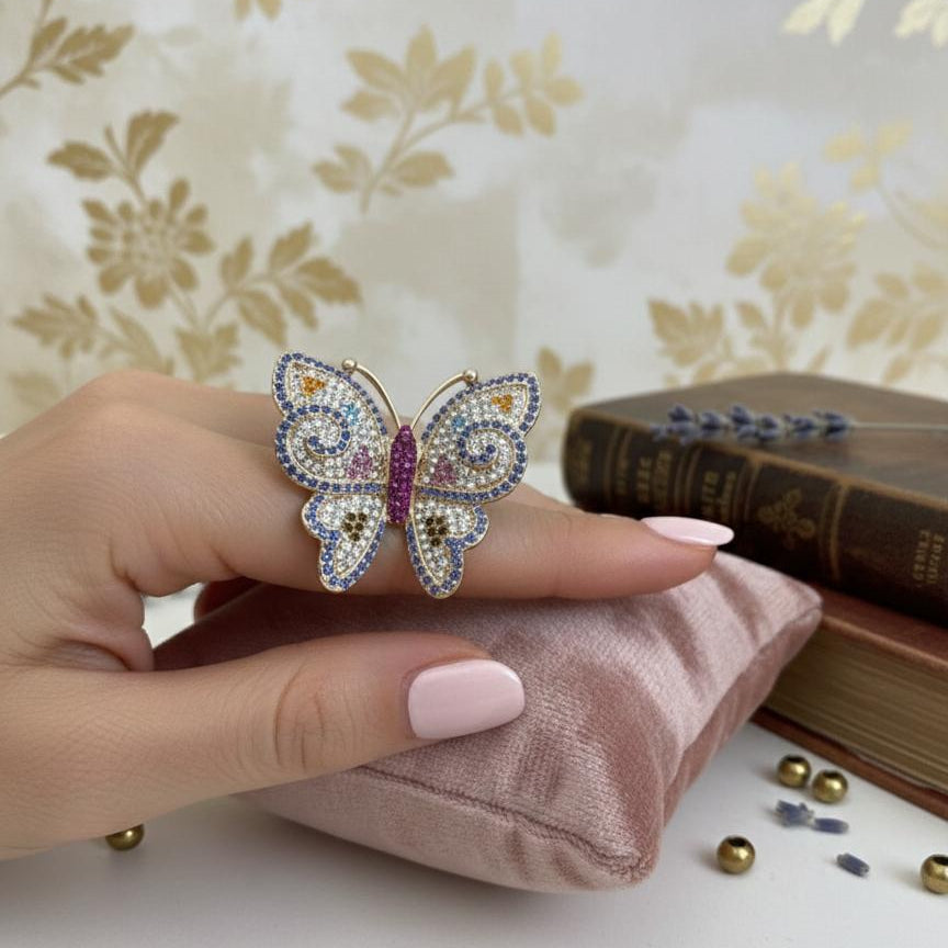 Vibrant Crystal Butterfly Cocktail Ring
