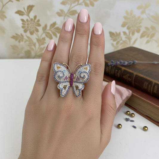 Vibrant Crystal Butterfly Cocktail Ring