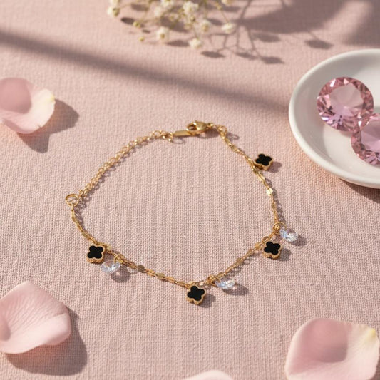 Midnight Bloom Gold Clover Charm Bracelet