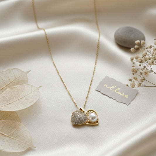 Dual Heart Pearl & Pavé Gold Necklace