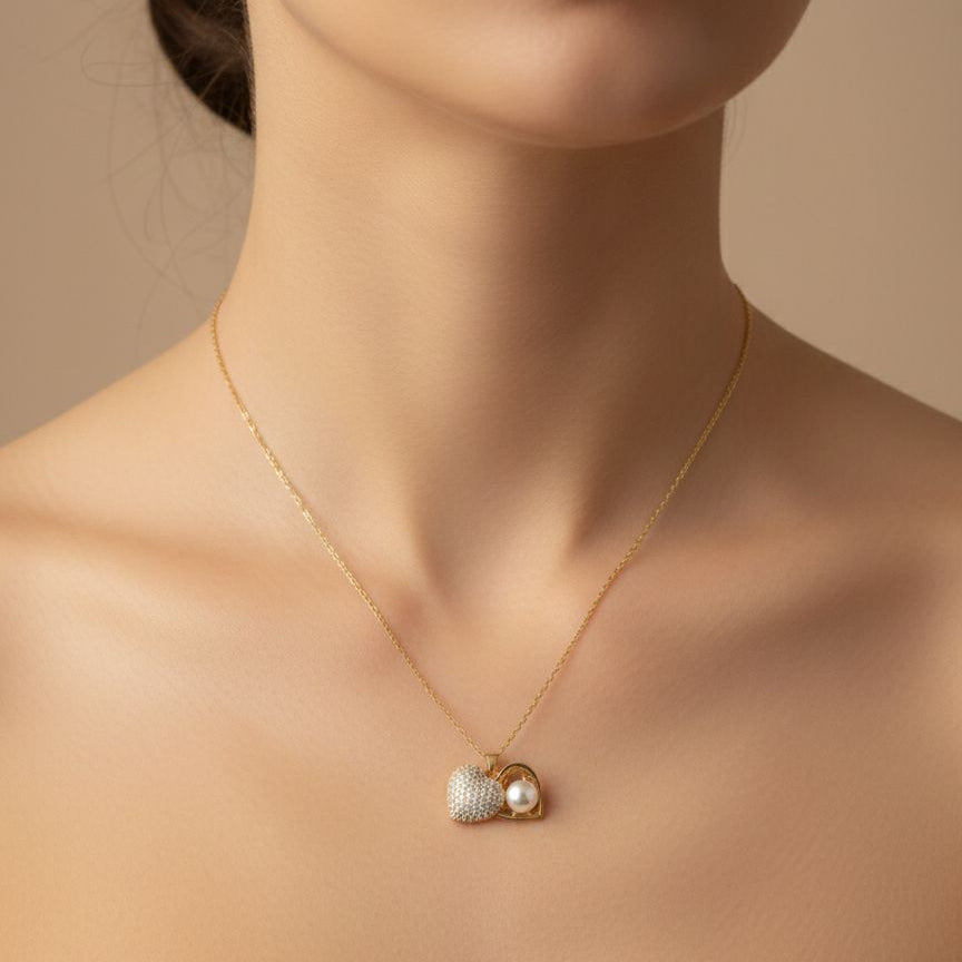 Dual Heart Pearl & Pavé Gold Necklace