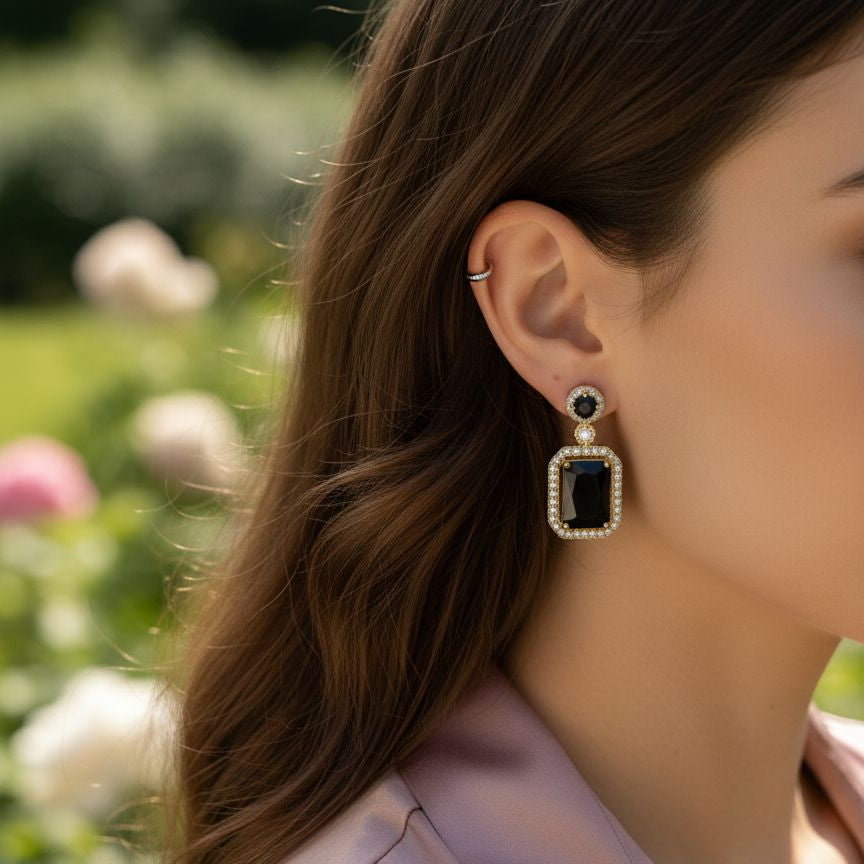 Midnight Noir Emerald-Cut Drop Earrings