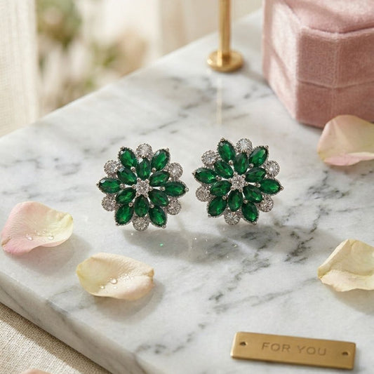 Emerald Green Marquise Floral Stud Earrings