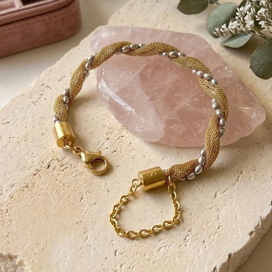 Twisted Gold Mesh & Silver Bead Bracelet