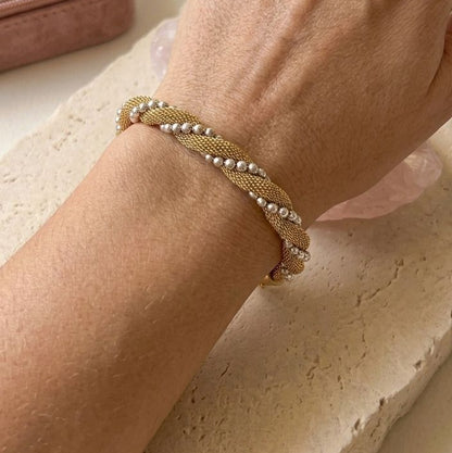 Twisted Gold Mesh & Silver Bead Bracelet