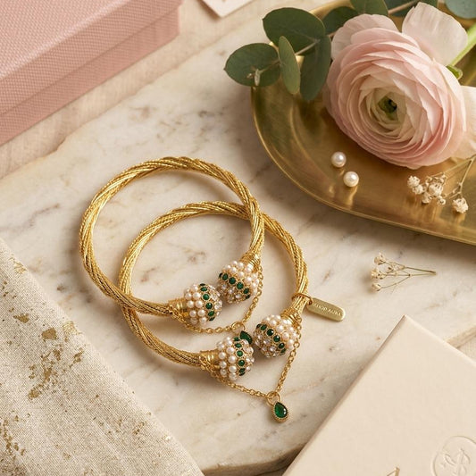 Emerald & Pearl Twisted Gold Bangle